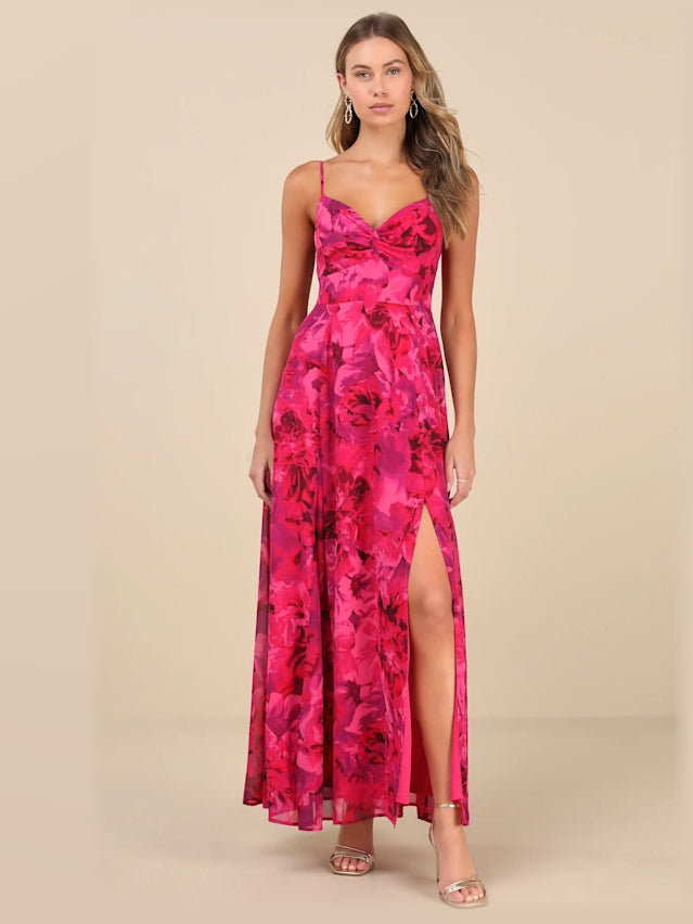 Fuchsia Floral maxi formal dress, front full-length view showing the neckline