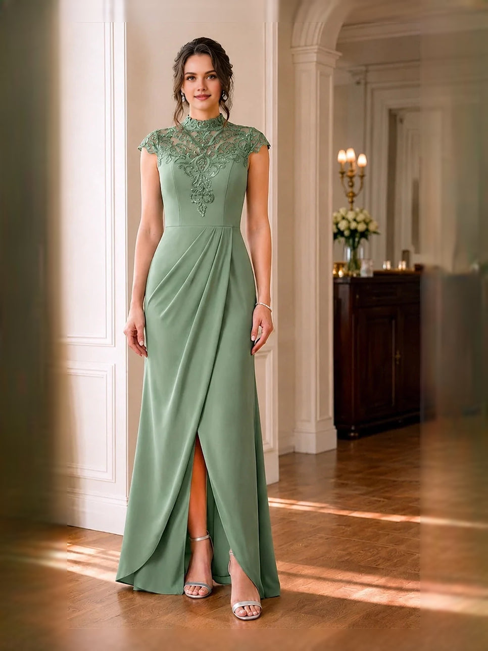Dusty sage high-neck maxi dress, floral lace bodice, cap sleeves, front slit
