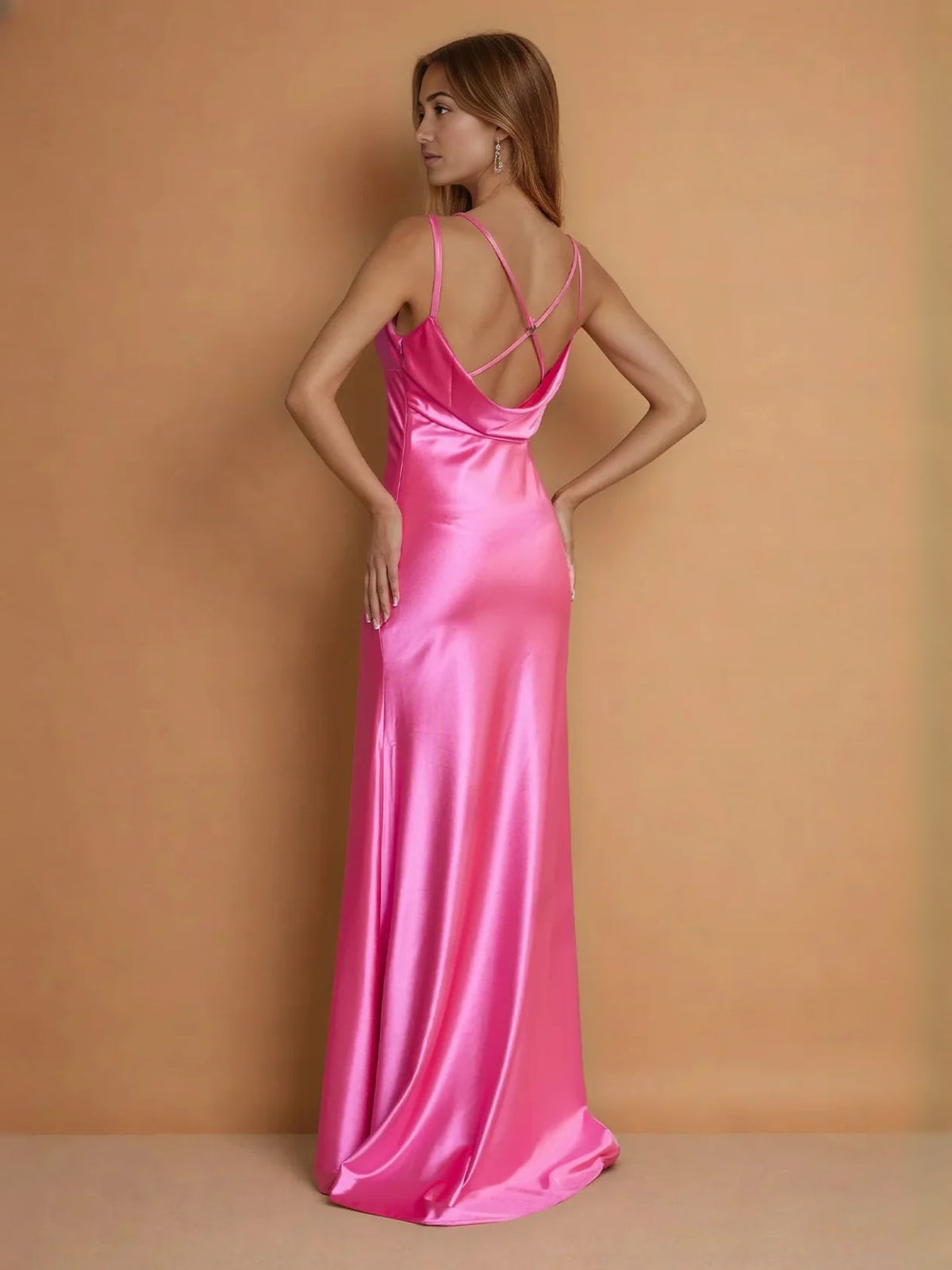 Hot pink satin mermaid prom dress with sweetheart neckline, open back and crisscross straps