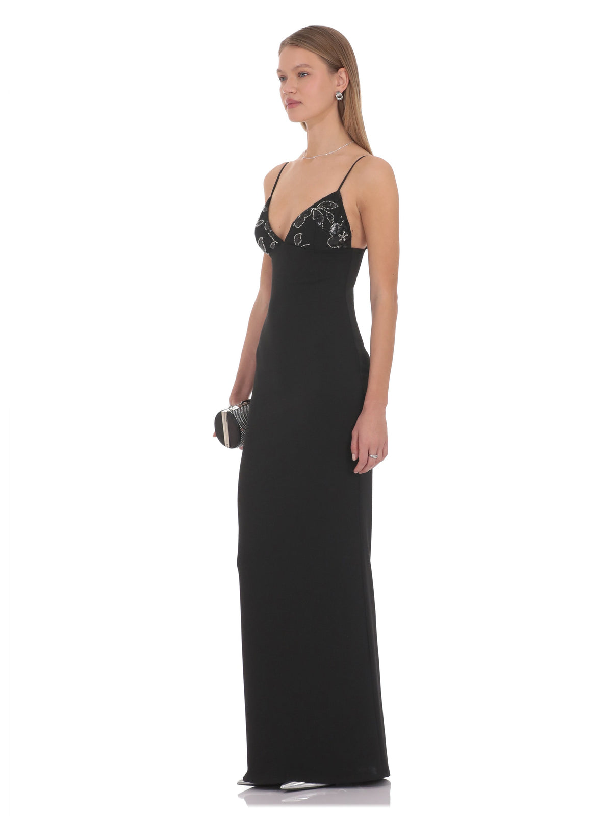 Black bridesmaid dress with a-line silhouette and maxi length