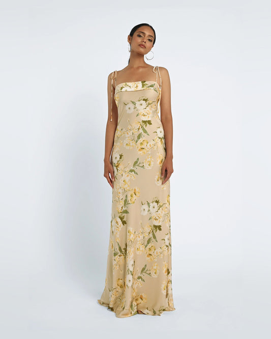 A-line maxi formal dress with spaghetti straps, sweetheart bodice, light blue floral print