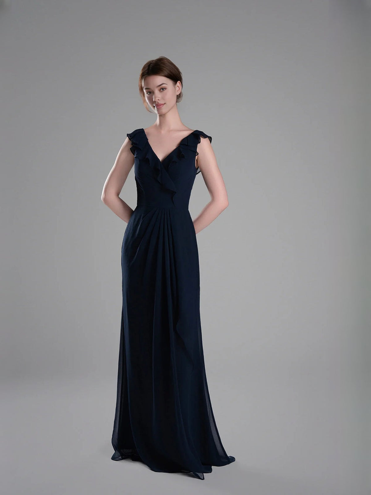 Dark navy chiffon bridesmaid dress with ruffled cap sleeves, V-neck and A-line skirt