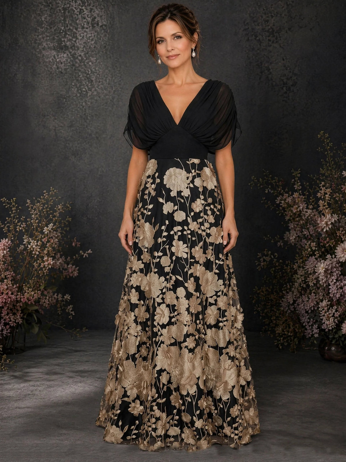 Black V-neck draped A-line floor-length dress with floral embroidery