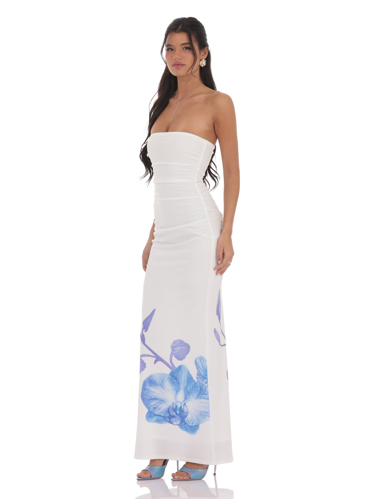 White bridesmaid dress with a-line silhouette and maxi length