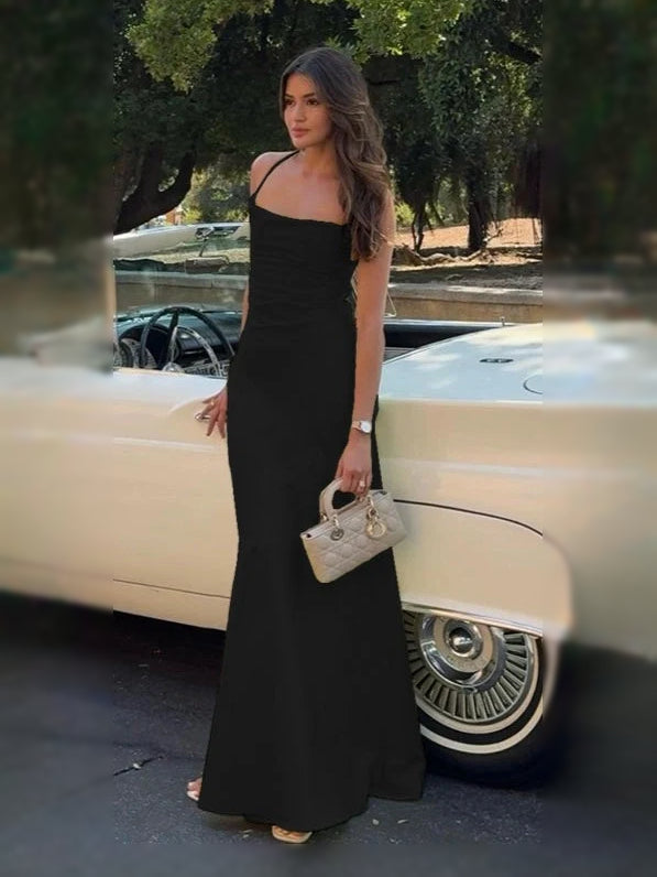 Black cowl-neck corset formal dress with off-shoulder straps, open back, maxi length
