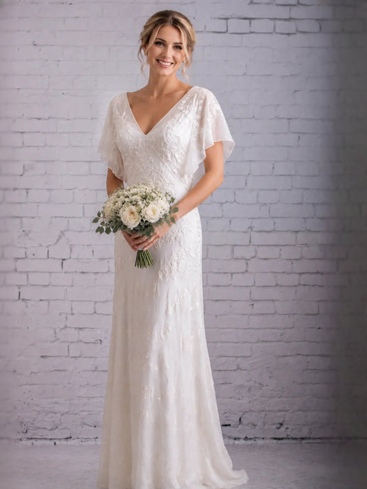 White V-neck A-line wedding dress with short flutter sleeves and floral embellished bodice