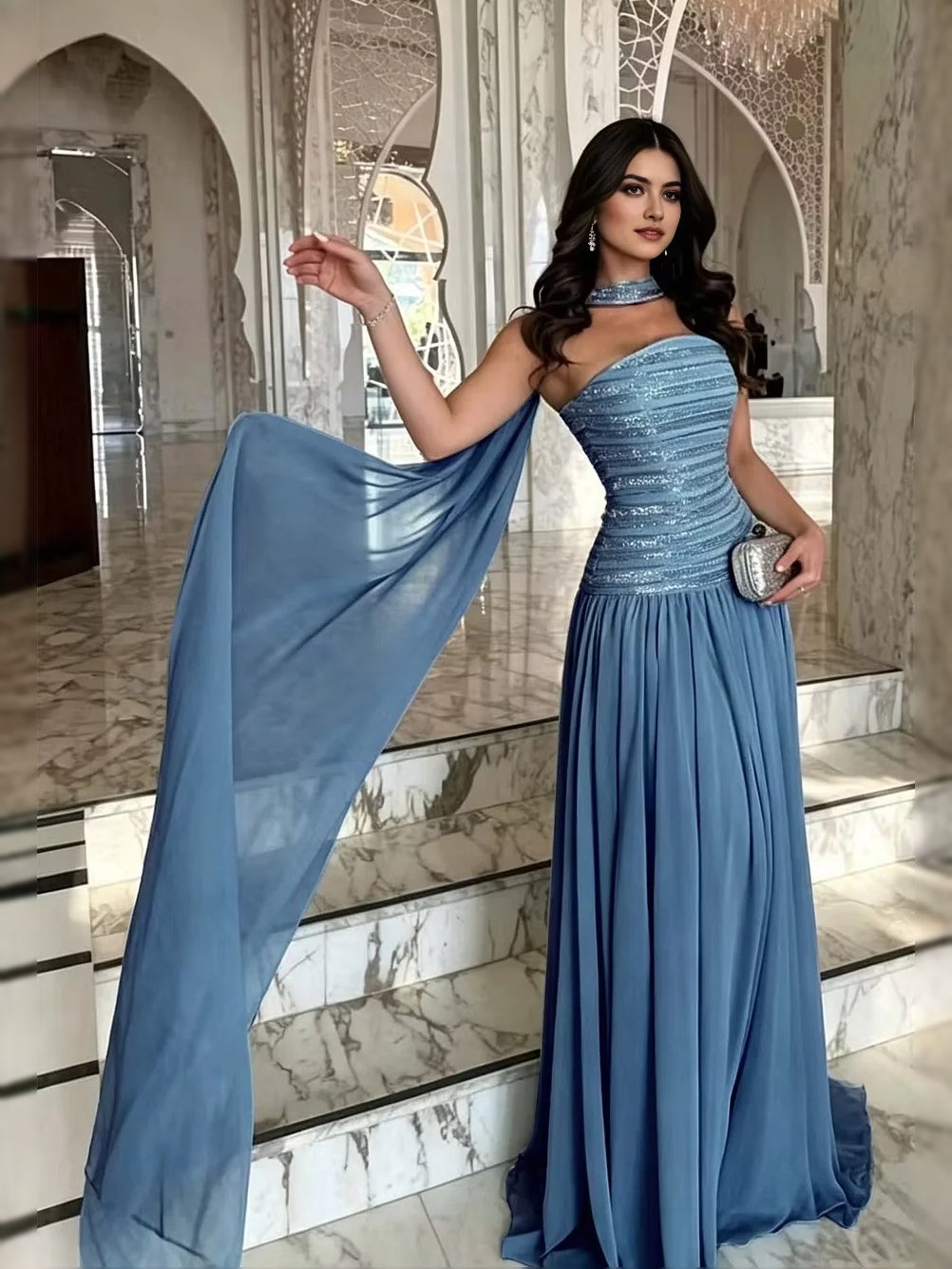 Ice blue one-shoulder A-line prom dress with draped chiffon overlay, floor-length