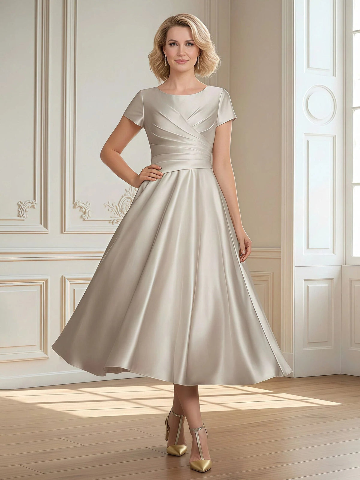 Ivory satin A-line midi dress with round neck, short sleeves and pleated waist