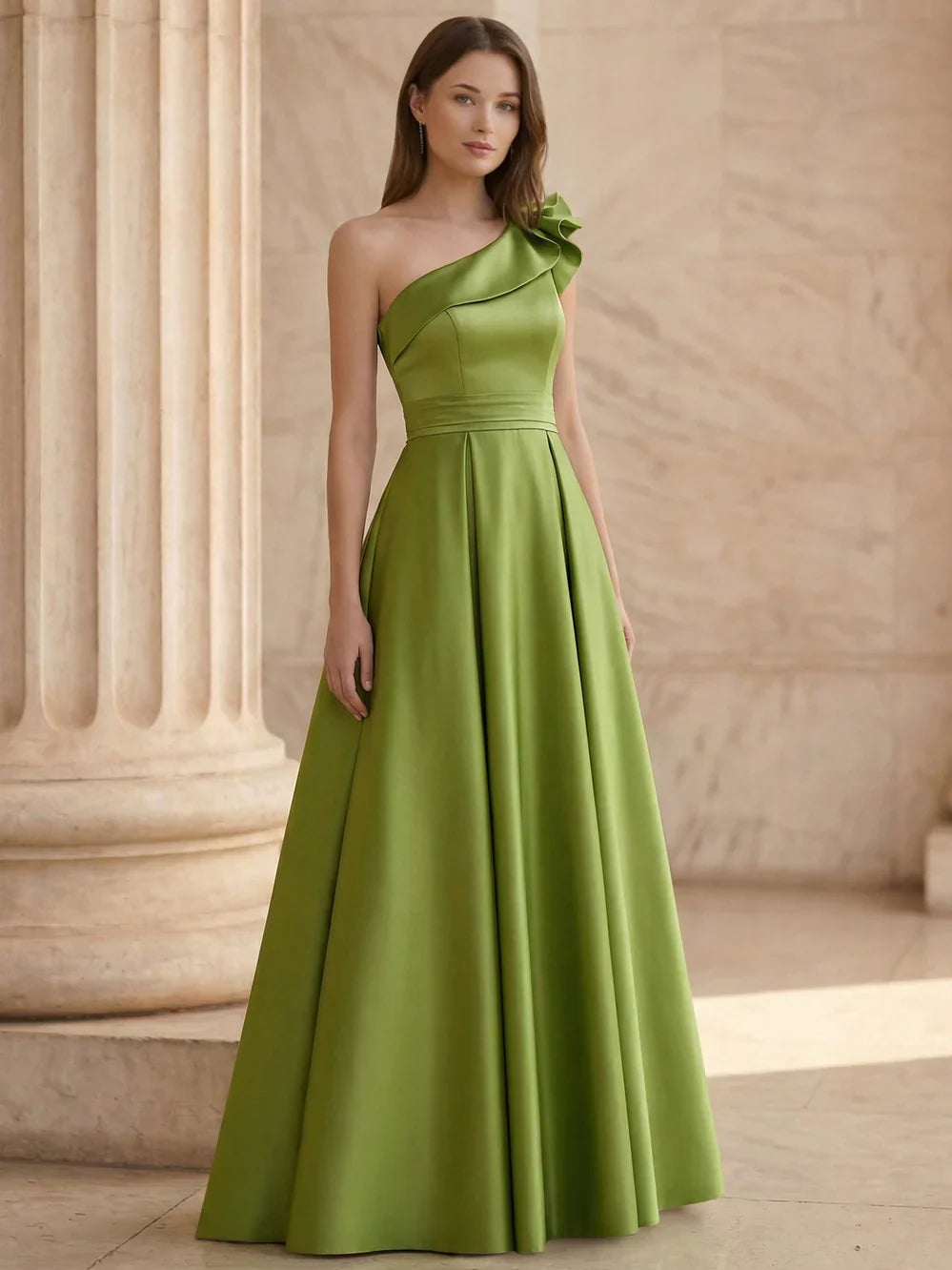 Olive green one-shoulder corset gown with ruffle neckline, floor-length