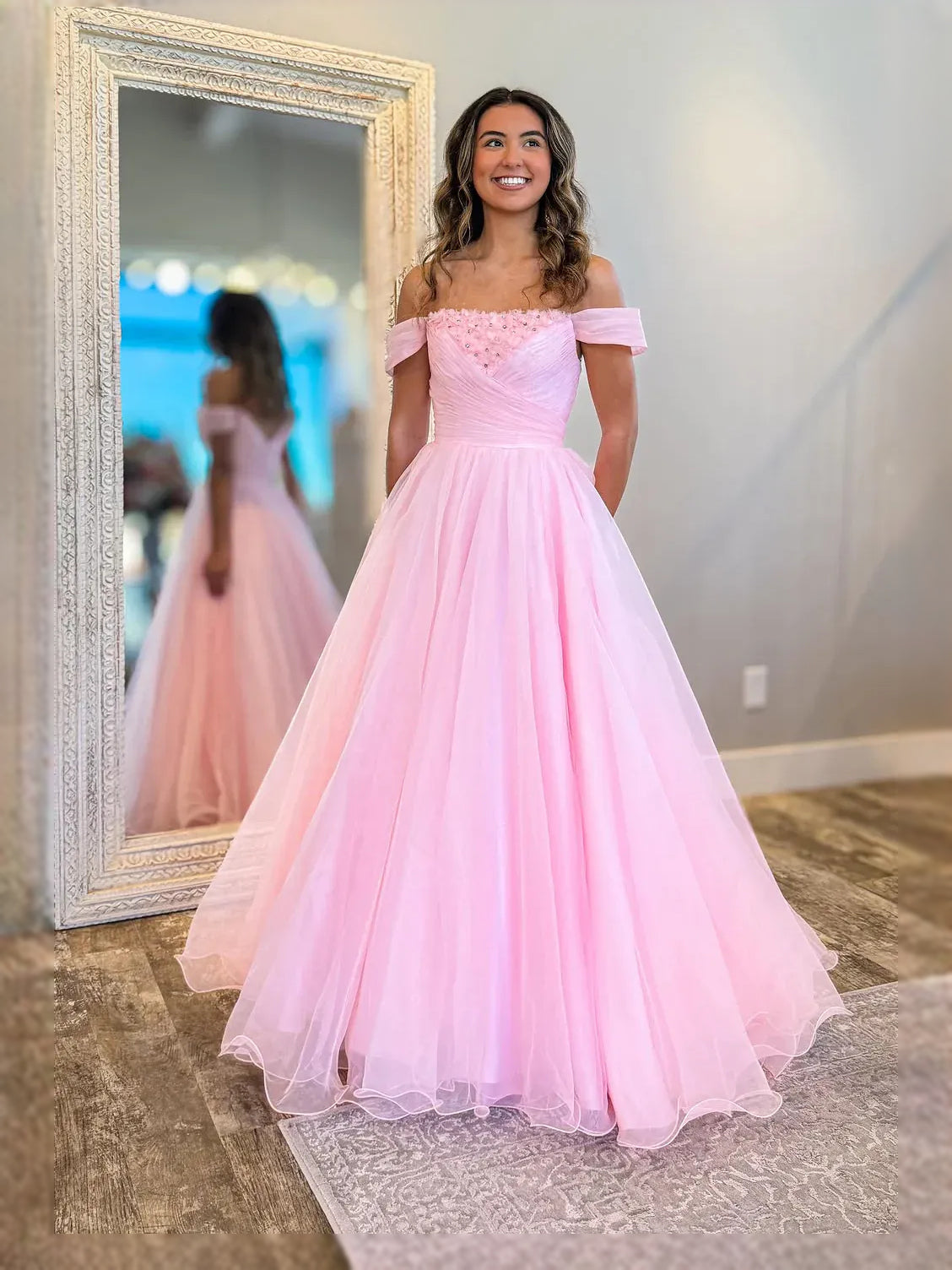 Pink off-shoulder tulle prom dress with ruched bodice and floral lace top, A-line