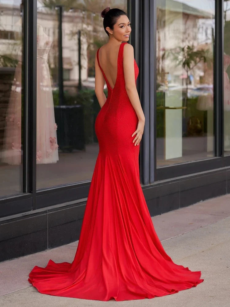 Red beaded V-neck mermaid maxi prom dress, sleeveless with fitted trumpet hem