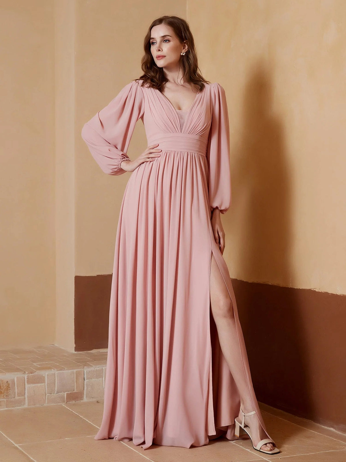 Dusty rose chiffon maxi dress with ruched V-neck bodice, puff sleeves, front slit