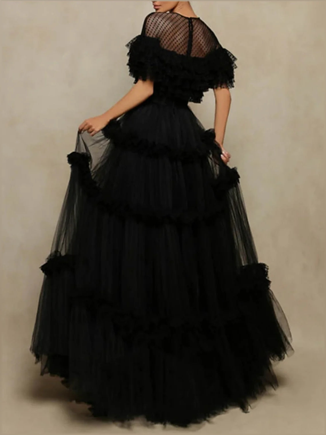 Black tulle A-line prom dress with off-shoulder ruffles and mesh bodice