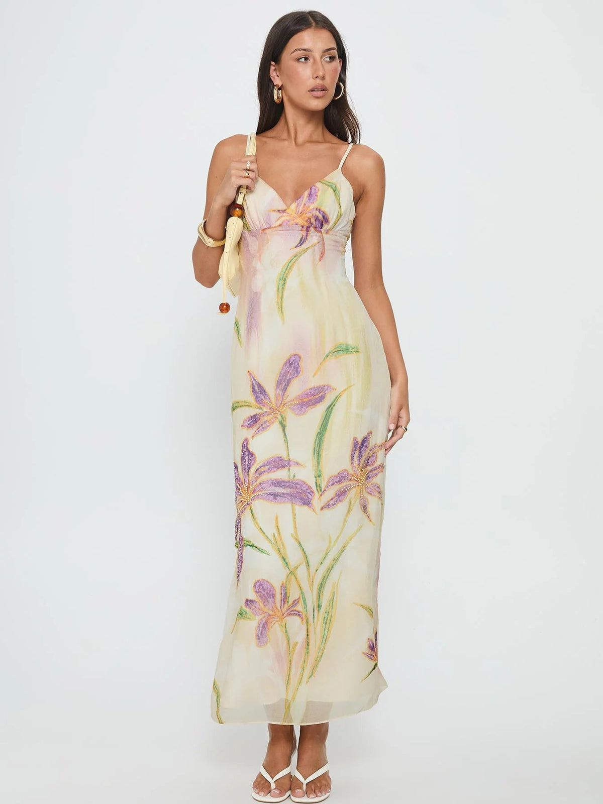 Ivory Pastel Floral Print sheath maxi formal dress with sweetheart neckline, full-length front view