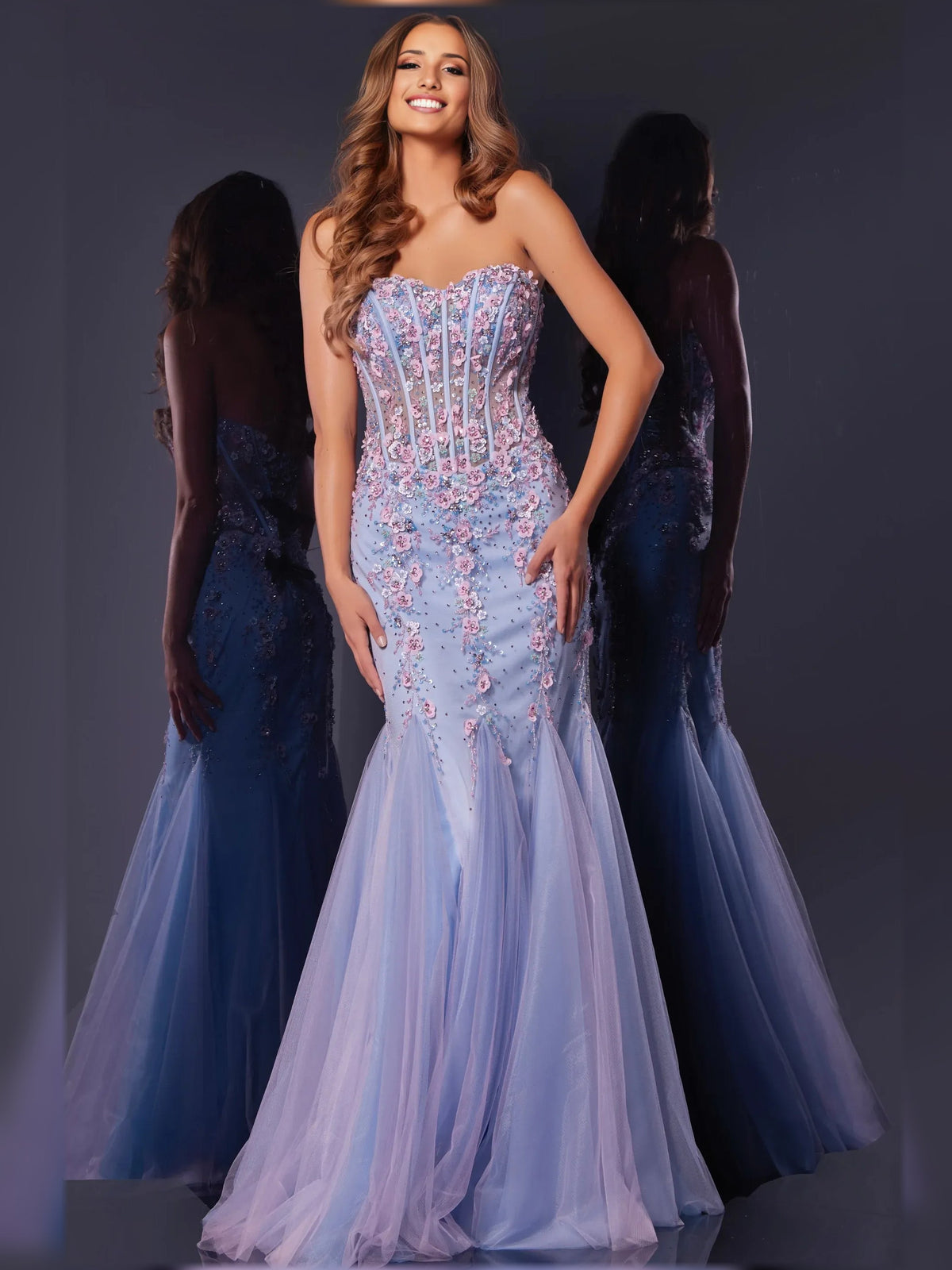 Lilac floral sweetheart corset formal dress, floor-length with fitted bodice and tulle skirt