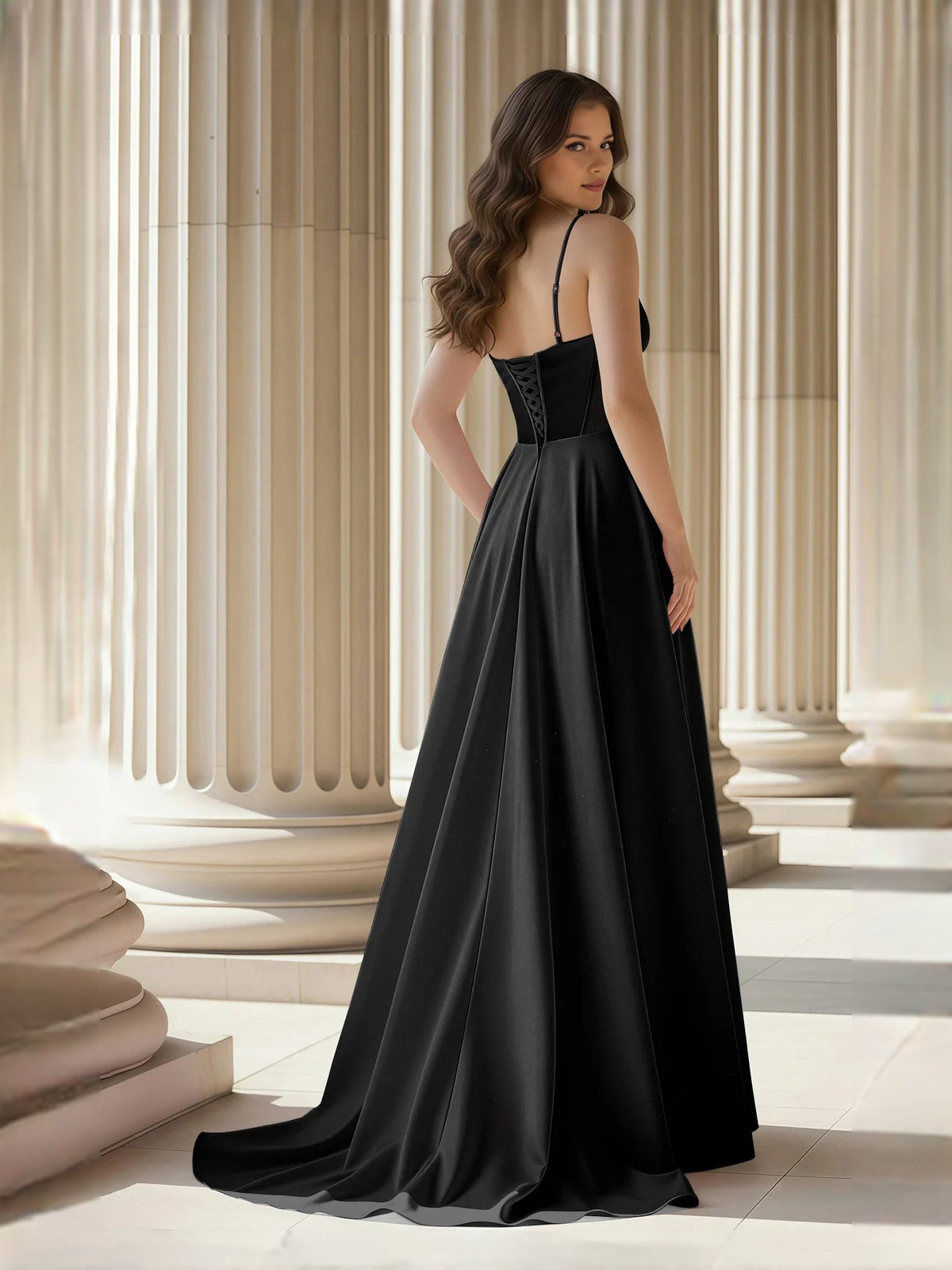 Black sweetheart corset A-line satin prom dress with thin straps, floor-length skirt