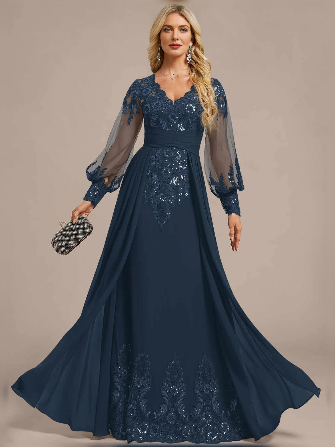 Floor-length dark blue V-neck A-line dress with ruched bodice, sequined lace sleeves