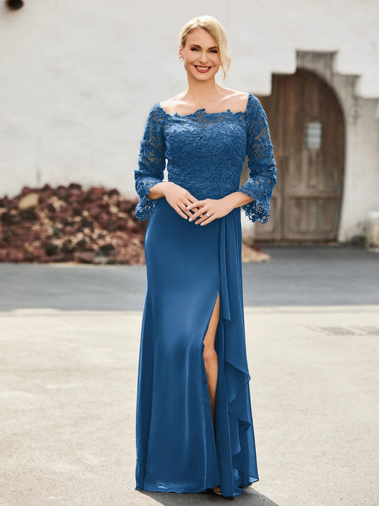 Ink blue off-shoulder ruffled lace sheath dress with long sleeves and front slit
