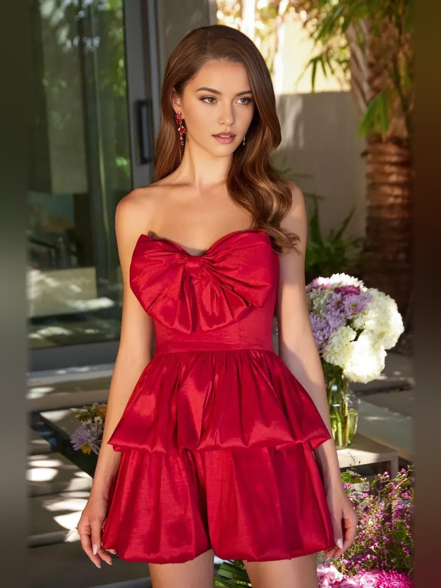Red satin strapless A-line mini dress with tiered ruffles and bow-tie bodice