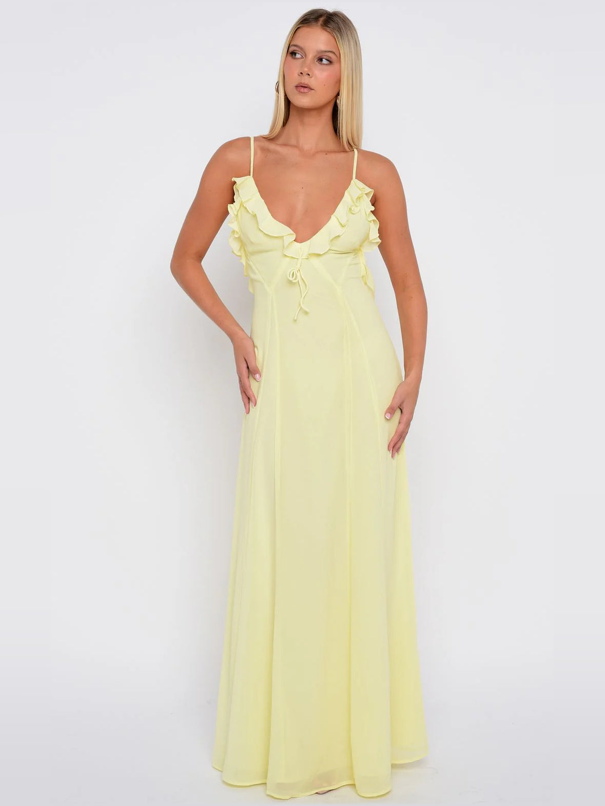 Pale Yellow a-line maxi formal dress with V-neckline, full-length front view