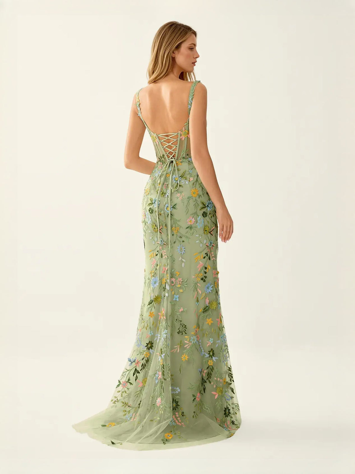 Dusty blue floral embroidered mermaid maxi tulle dress with corset lace-up back