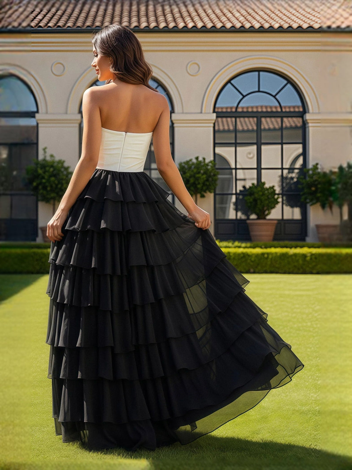 Black maxi prom dress back with tiered ruffle skirt and sweetheart bodice