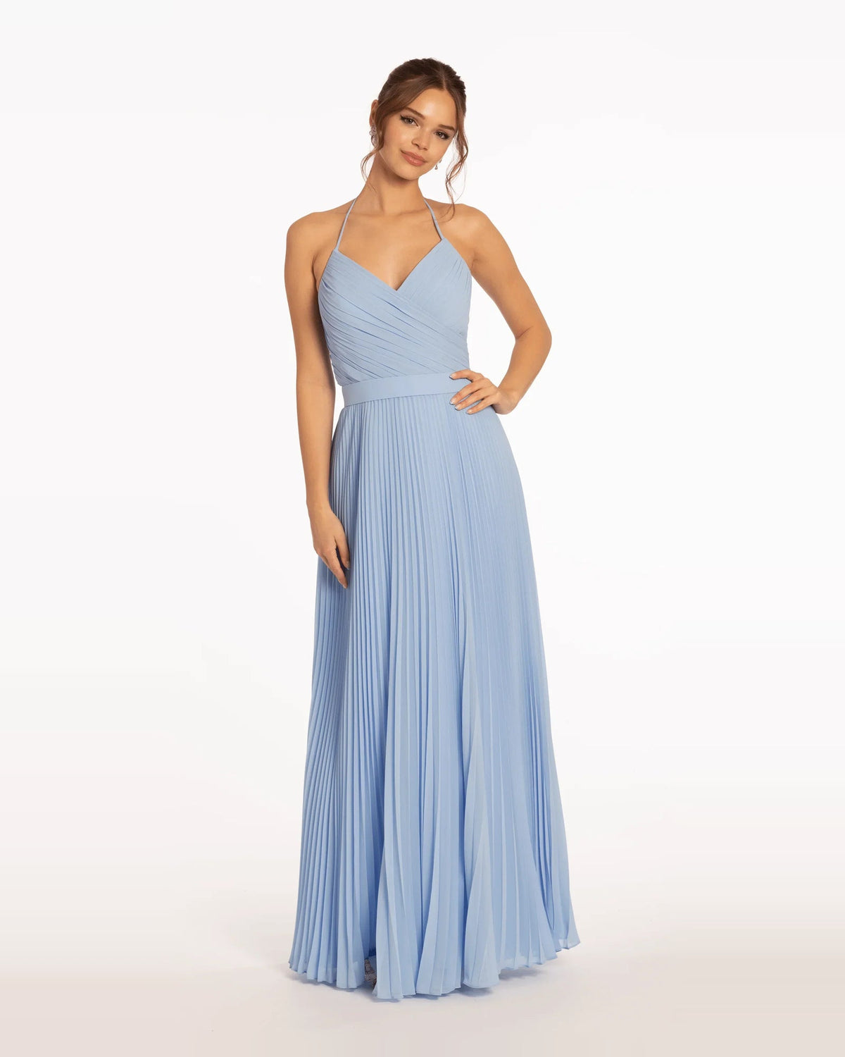 Light blue pleated V-neck A-line floor-length prom dress with thin halter straps