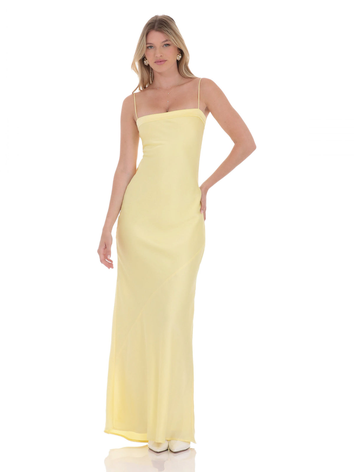 Yellow bridesmaid dress with a-line silhouette and maxi length