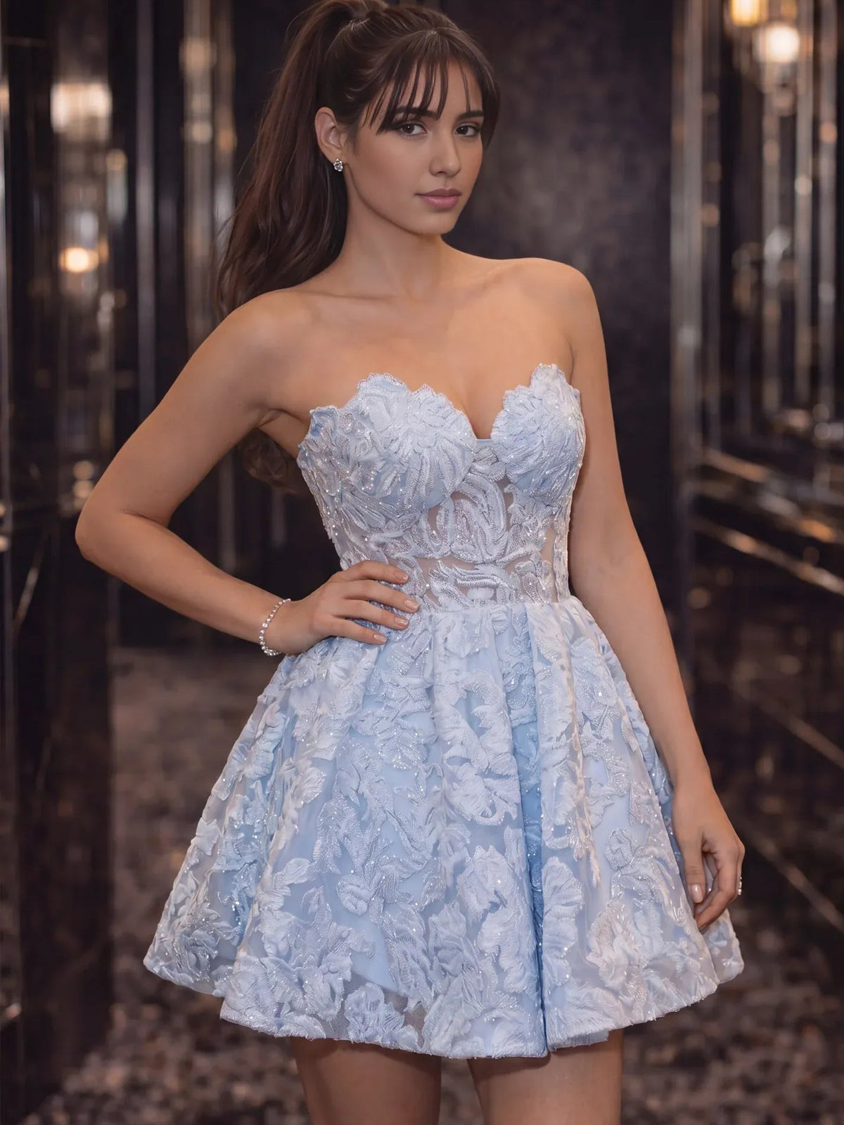 Light blue sweetheart corset mini dress with floral texture and flared skirt