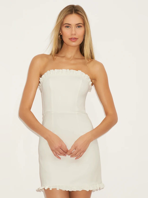 Ivory strapless mini homecoming dress with ruffled neckline and scalloped hem