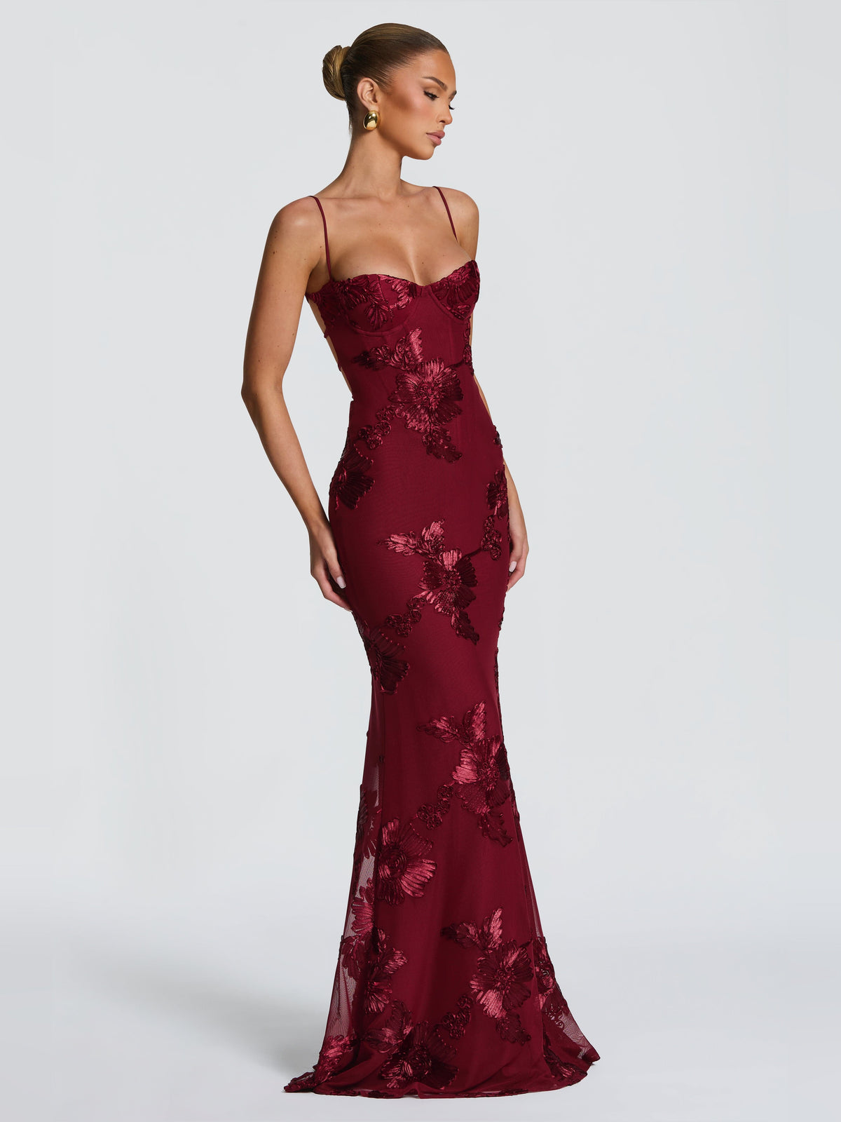 Burgundy mermaid maxi formal dress with sweetheart neckline, full-length front view