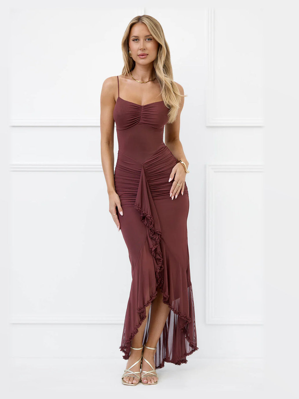 Brown maxi formal dress, front full-length view showing the neckline