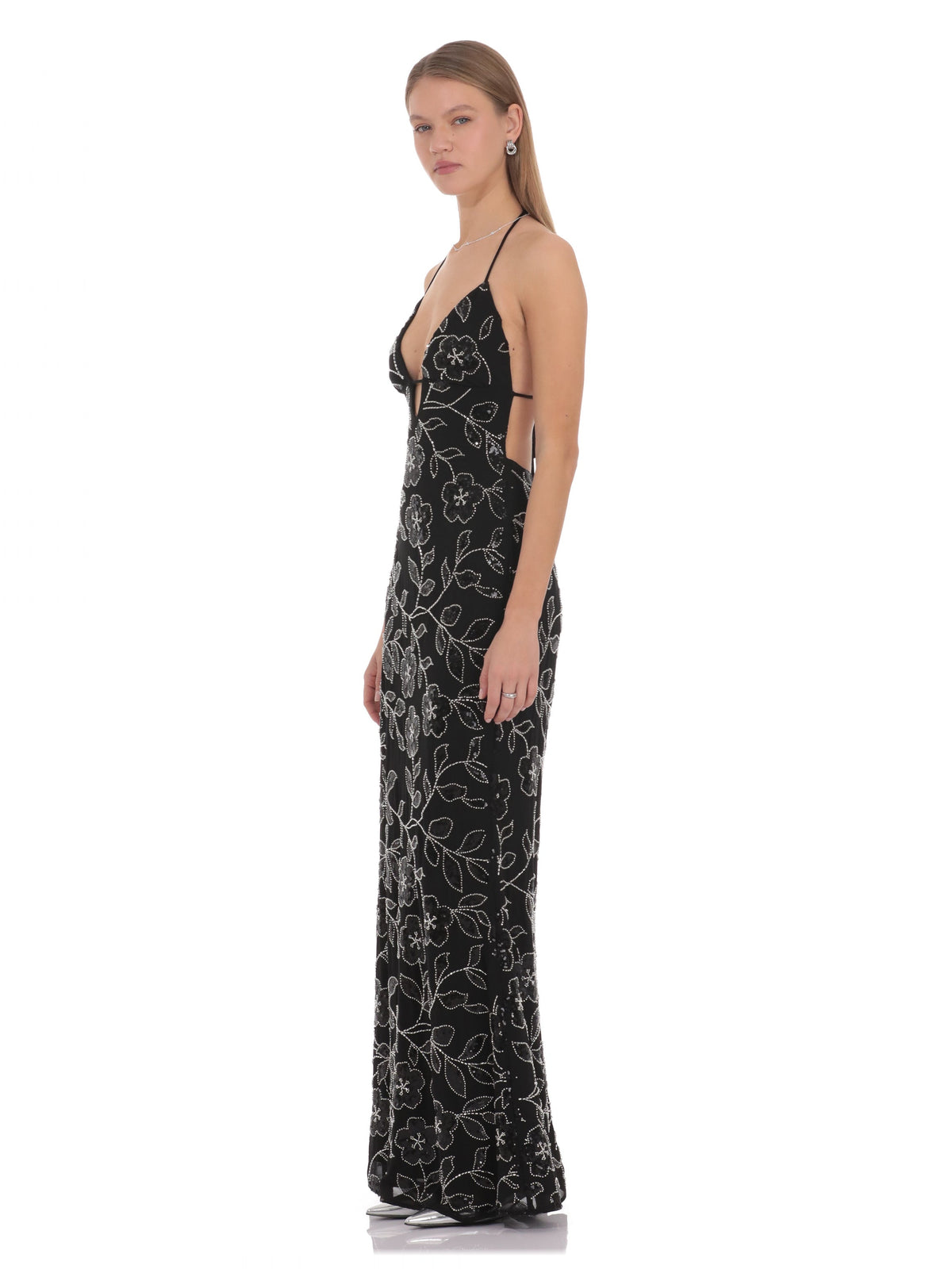 Black bridesmaid dress with a-line silhouette and maxi length