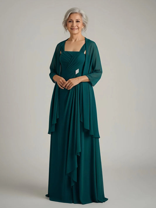Peacock teal A-line mother of the bride dress with ruched V-neck and draped sleeves