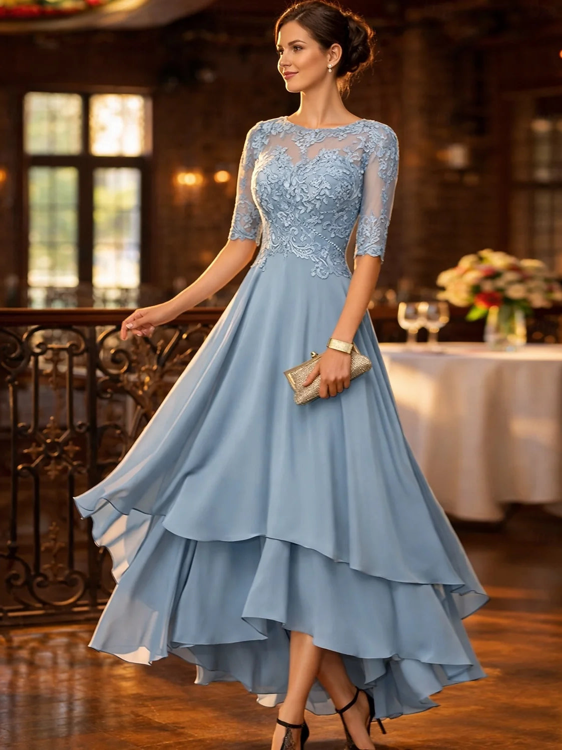 Floral embroidered chiffon A-line high-low dress, light blue, 3/4 sleeves