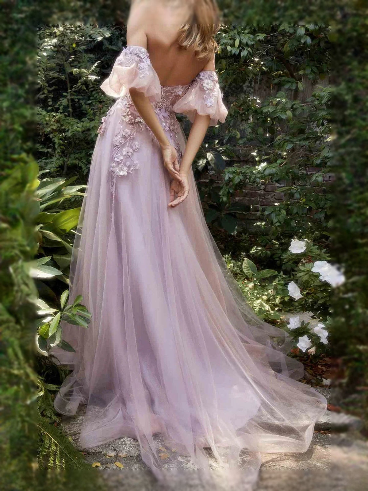 Floral sweetheart A-line maxi tulle prom dress in blush pink, off-shoulder puff sleeves
