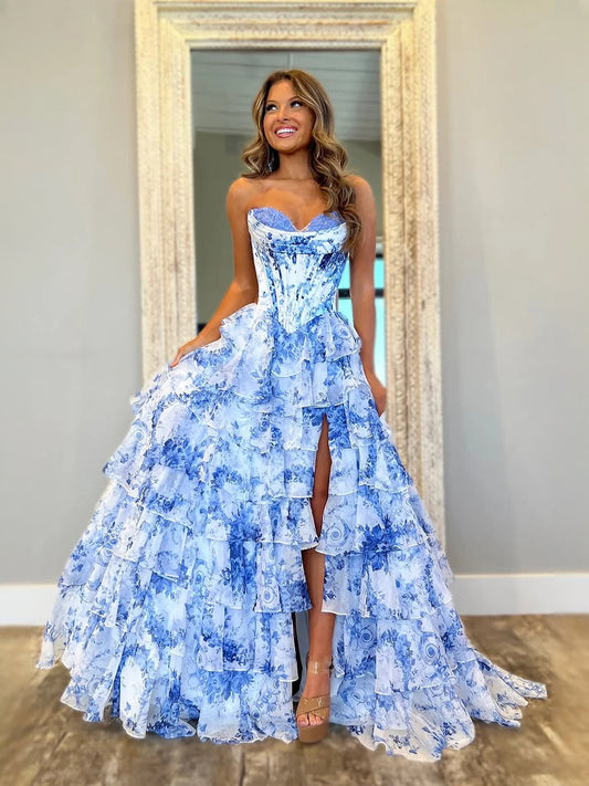 Blue floral strapless A-line chiffon prom dress with tiered ruffle skirt and front slit