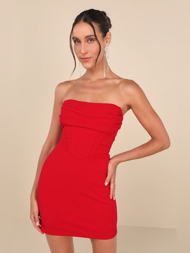 Red strapless corset bodycon mini dress with ruched sweetheart bodice