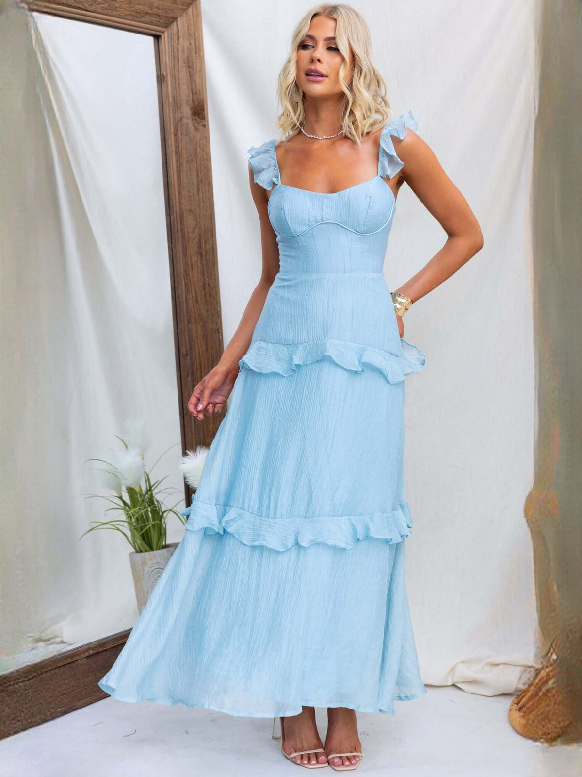 Light Blue a-line maxi formal dress with square neckline, full-length front view