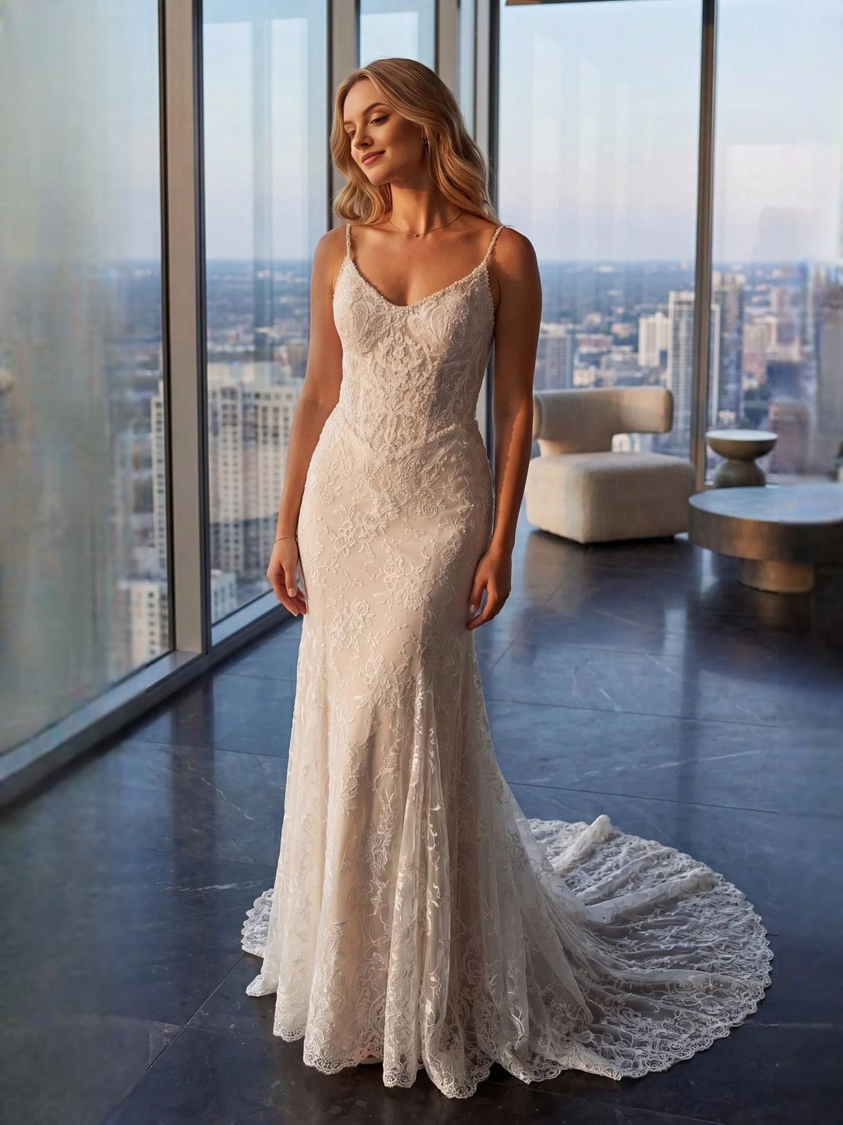 Ivory beaded lace mermaid wedding dress with V-neck and thin straps, floor-length
