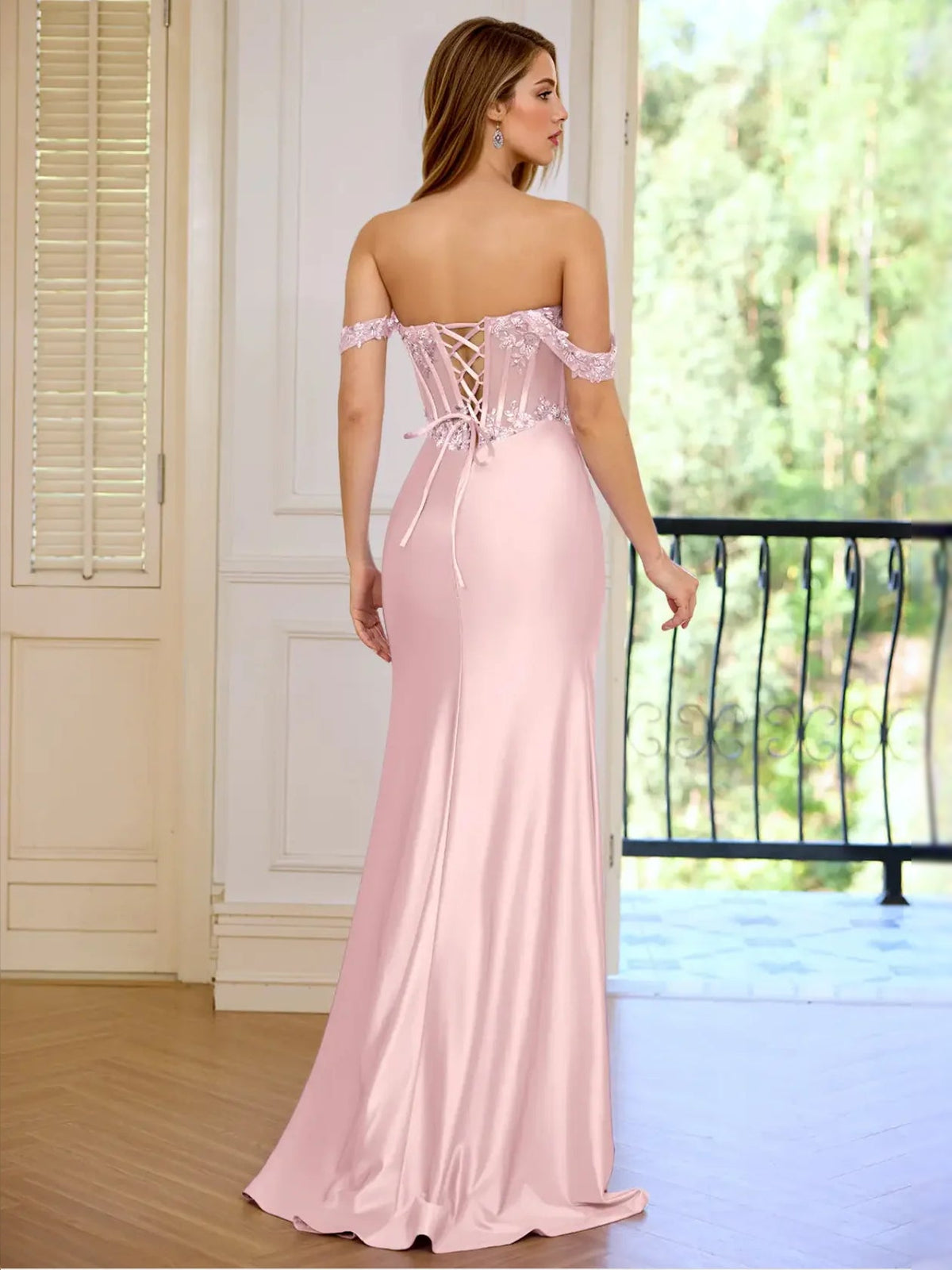 Backless beaded off-shoulder corset mermaid prom dress, satin pink, floor length