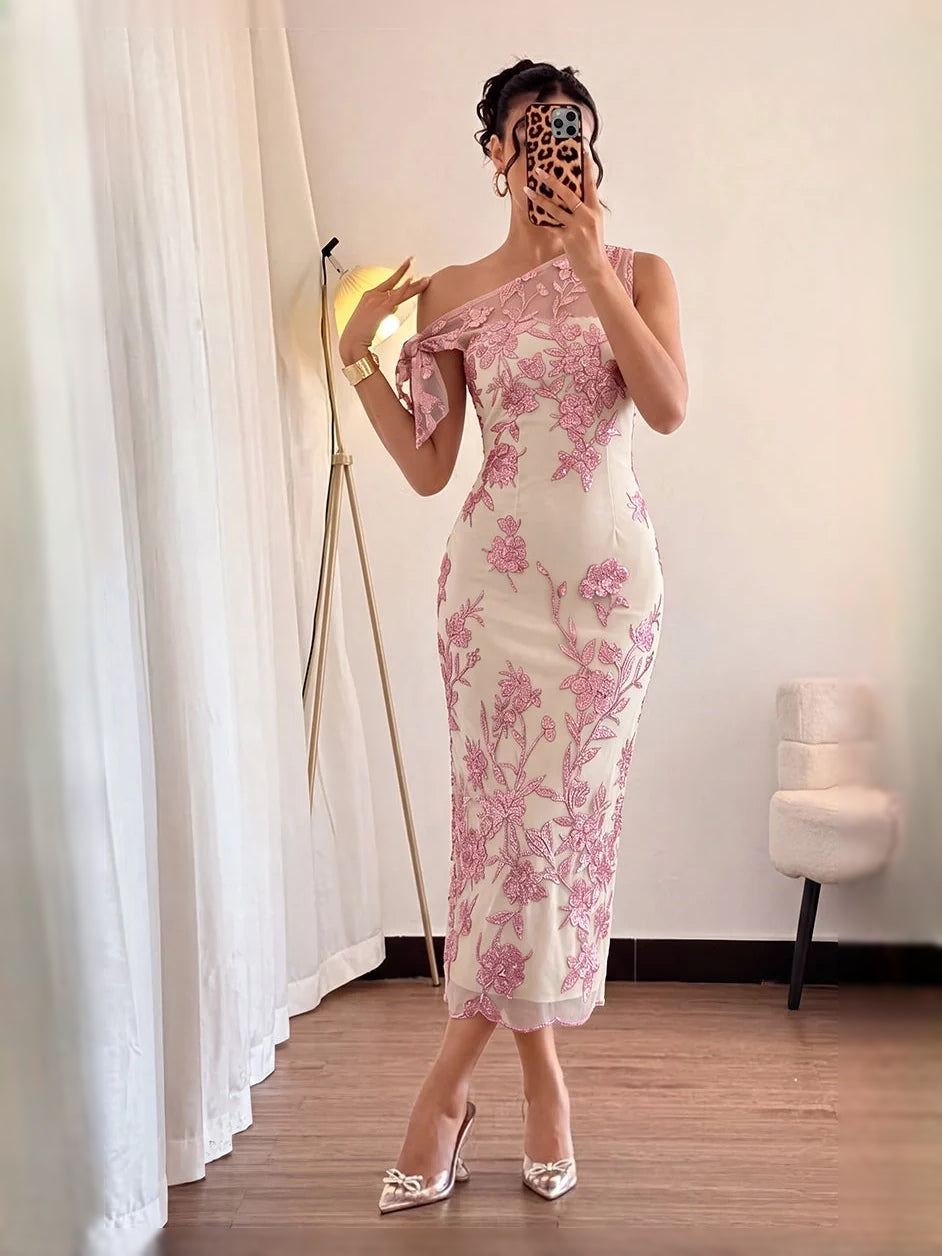 Pearl pink one-shoulder midi mermaid dress with floral lace applique and bow detail
