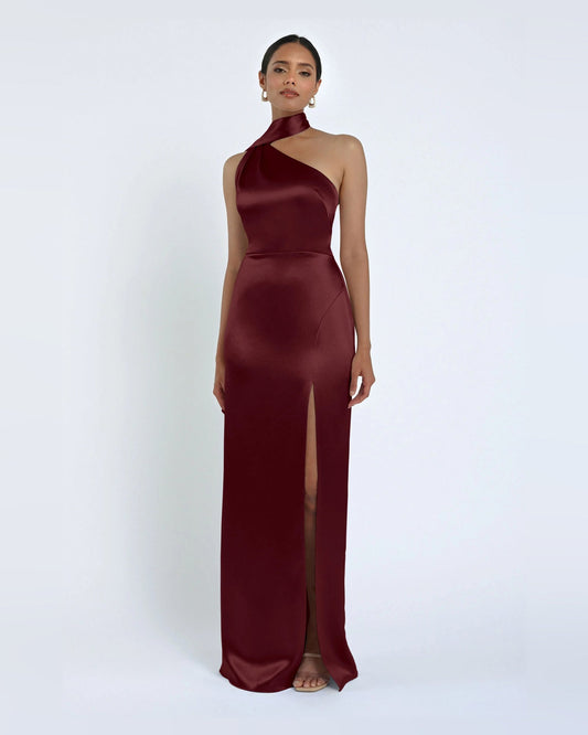 Burgundy one-shoulder A-line maxi formal dress with side slit