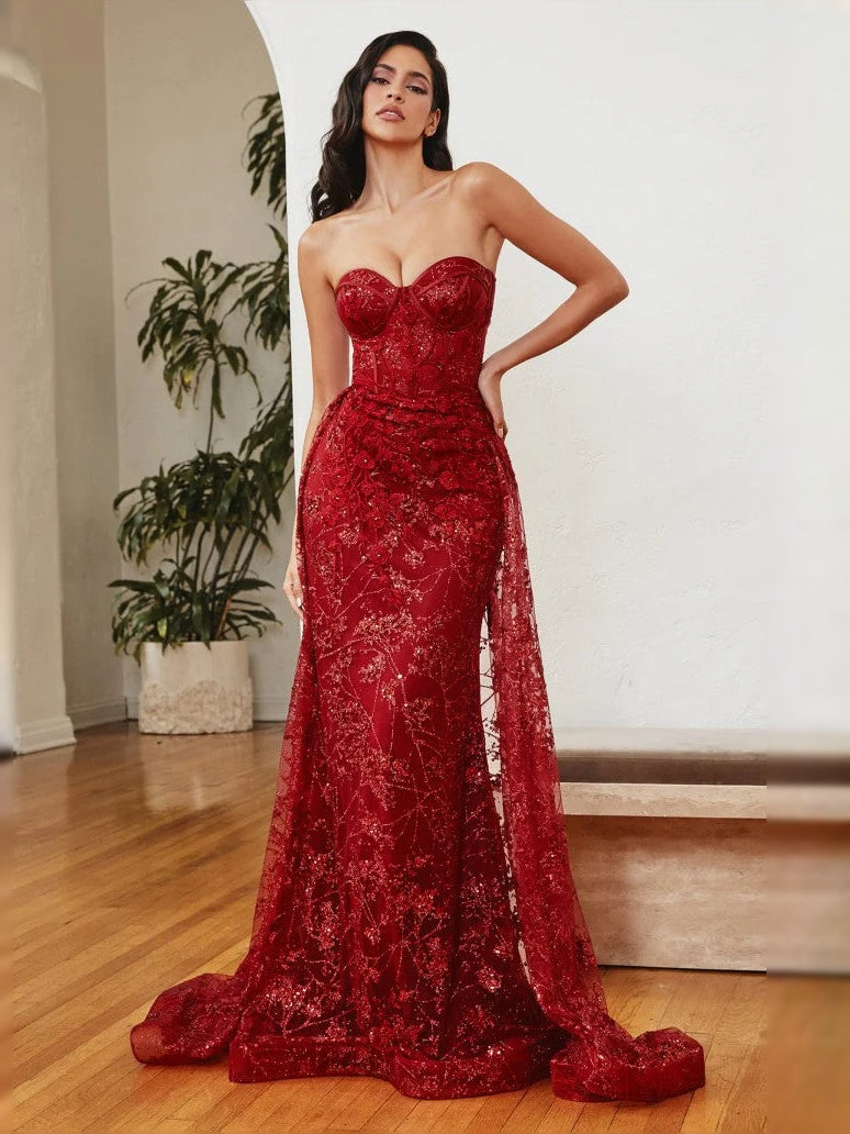 Red mermaid prom dress with corset bodice, sweetheart neckline, and lace floral texture