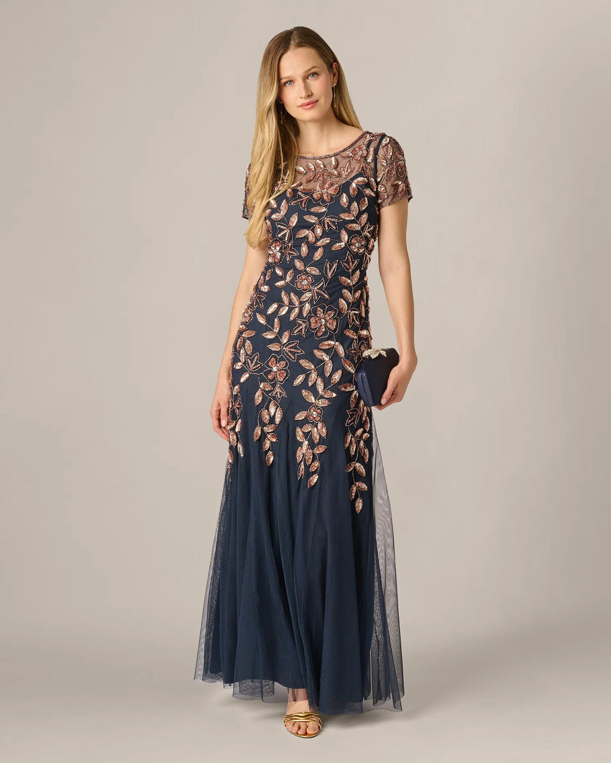Navy A-line maxi dress with short sleeves and rose-gold floral beaded embroidery