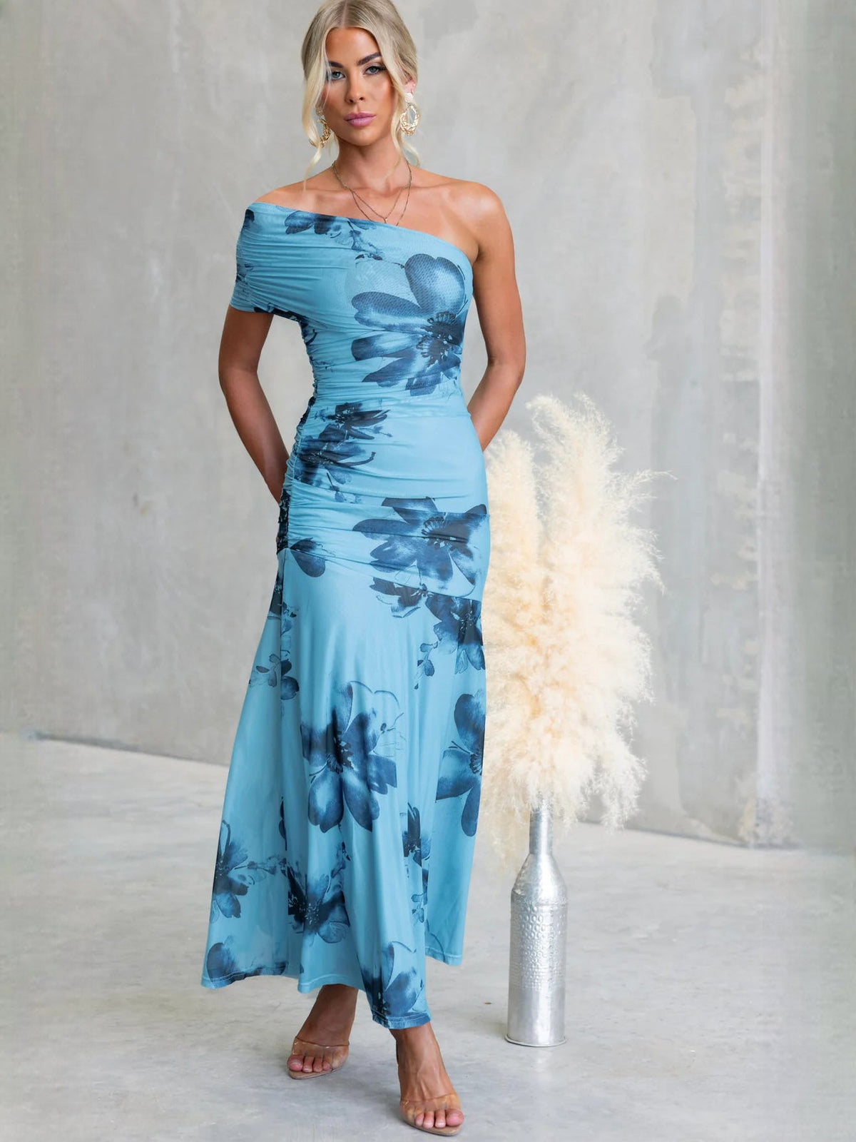 Light Blue Navy Floral Print sheath maxi formal dress with one-shoulder neckline, full-length front view