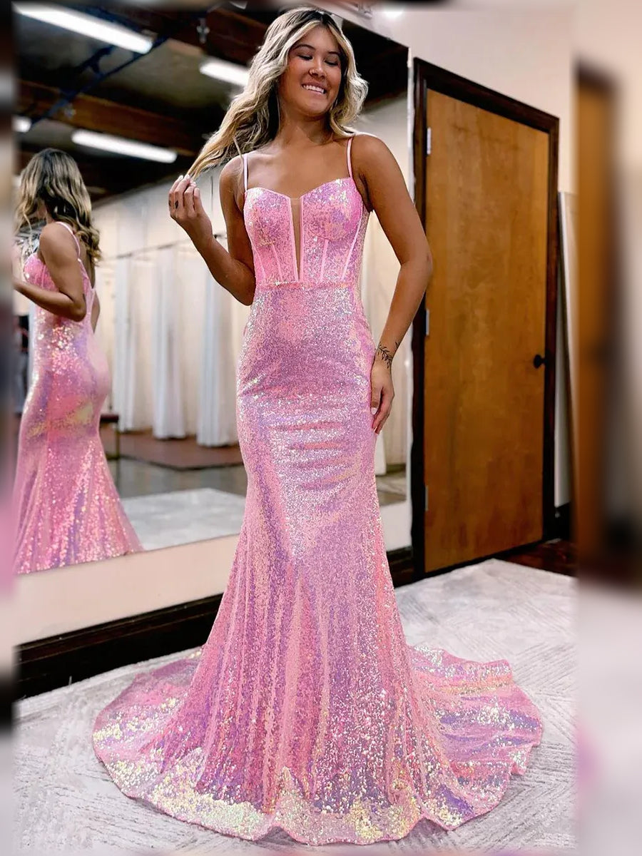 Pink sequin corset formal gown with sweetheart neckline, spaghetti straps, floor-length skirt