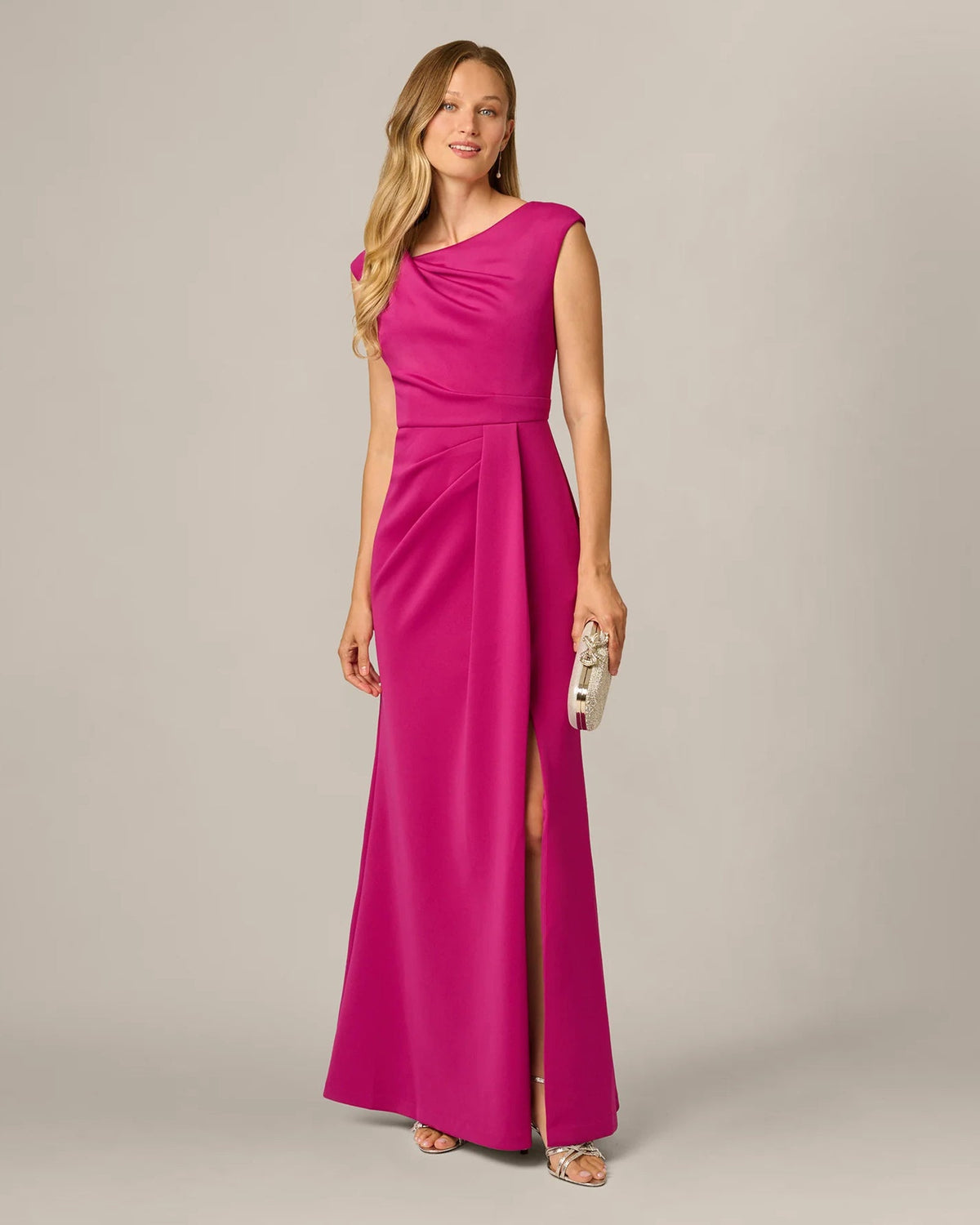 Hot orchid satin mermaid maxi dress with spaghetti straps, draped waist, front slit