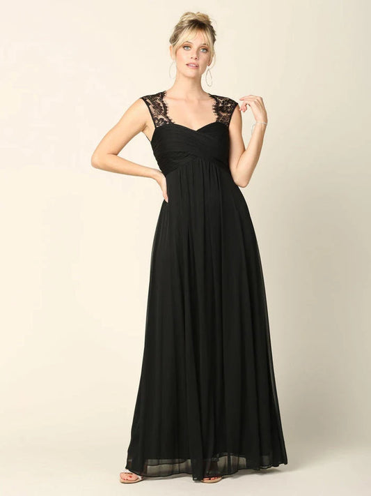 Black chiffon bridesmaid dress, sweetheart neckline, lace bodice, A-line maxi skirt