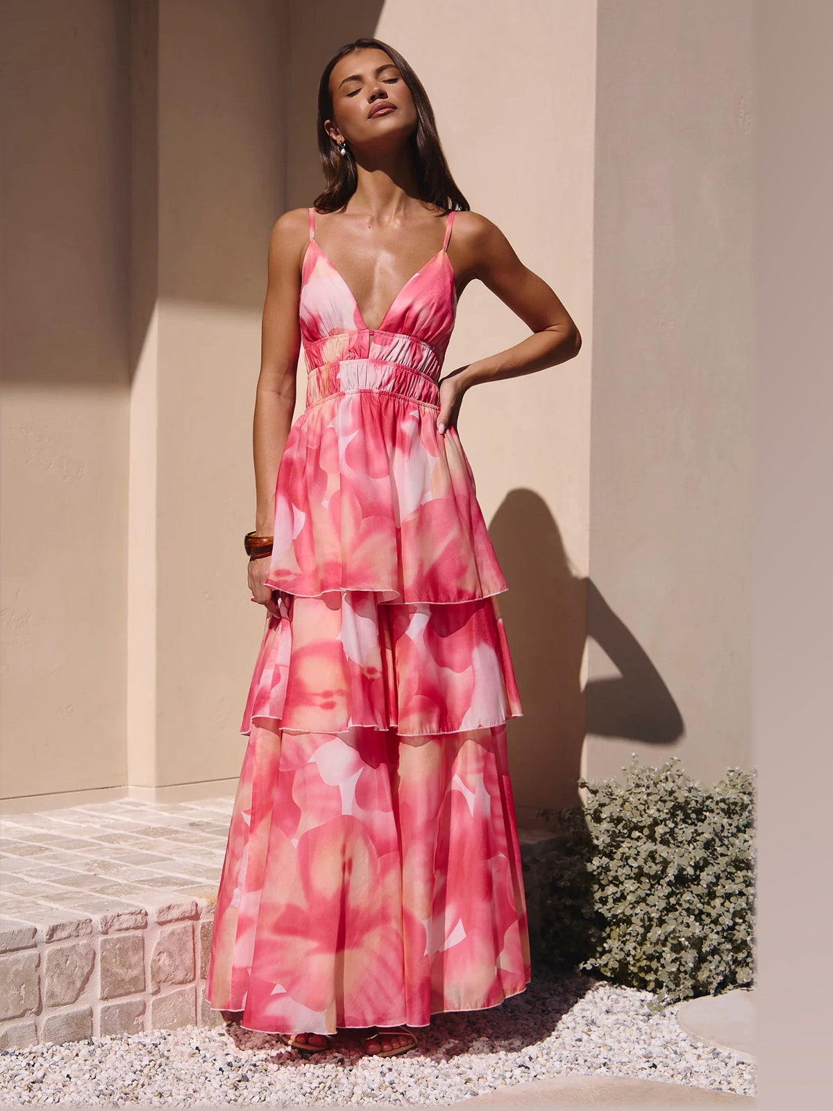 Pink Floral Print maxi formal dress, front full-length view showing the neckline